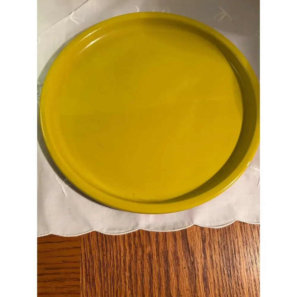 Vintage 1970s Mustard Yellow Enamel Fondue Pot with wood handle and drip tray